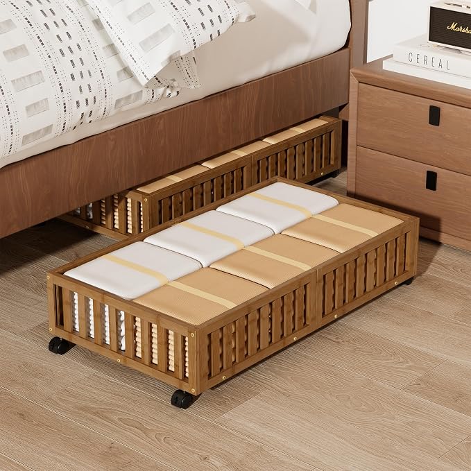 Under Bed Storage with Wheels, 2 Pcs Bamboo Drawers for Clothes and Toy | 360° wheels glide smoothly. Sturdy bamboo frames hold clothes, shoes, bedding and toys. Easy pullout access keeps rooms tidy