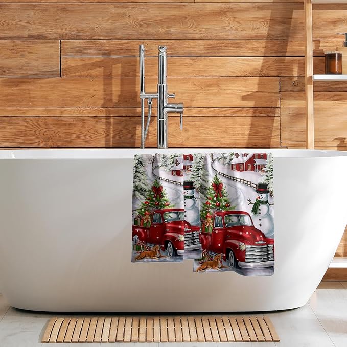 Giwawa Red Truck Towel Winter Snowman Xmas Pine Trees Decorative Hand Towels Set of 2 Snowflake Presents Snow Cottage Soft Microfiber Face Washcloth for Bathroom Guest Seasonal Hotel Gym