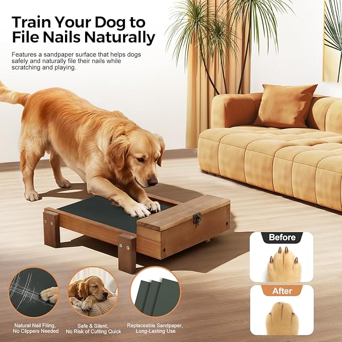 Dog Nail Scratch Board with Treat Drawer - Dog Scratch Pad for Nails - Durable Wooden Nail Filing Board for Stress-Free Grooming, Includes 3 Replacement Sandpaper Sheets