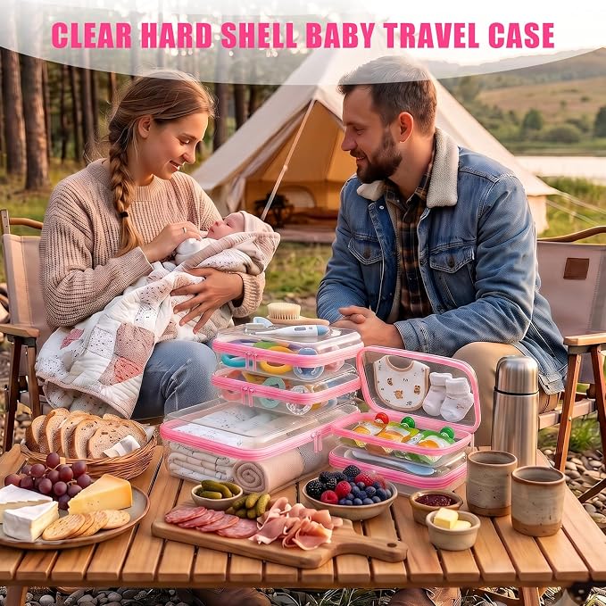 5 Pack Clear Hard Shell Zipper Diaper Bag Organizer Pouches (Pink)