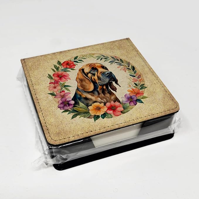 Caroline's Treasures Bloodhound and Flowers PU Leather Note Paper Holder with Artist-Designed Cover, Desk Accessory, Office Gift