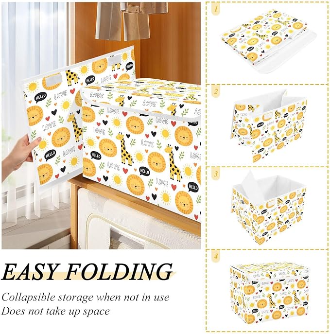 Storage Bins with Lid Giraffe Lion Foldable Storage Boxes 40L Baskets | Decorative Storage Boxes, 300D Oxford Cloth, Hollow Board Frame, Flip Top Velcro Lid, 16.5x12.6x11.8 inch, Collapsible Design