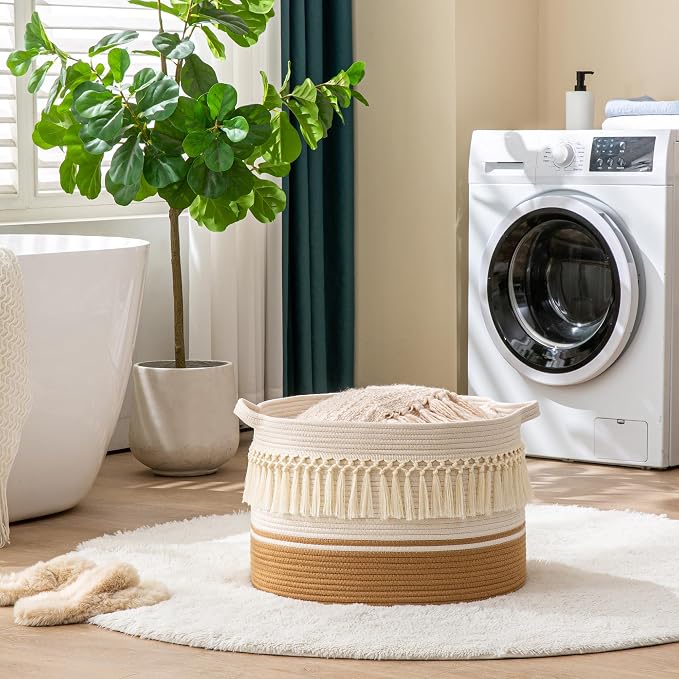 KAKAMAY Large Blanket Basket (20"x13"),Woven Baskets for storage Baby Laundry Hamper, Cotton Rope Blanket Basket for Living Room, Laundry, Nursery, Pillows, Baby Toy chest (White Fringe) | Extra Large Capacity | Natural Cotton Rope | Blanket Storage | ...