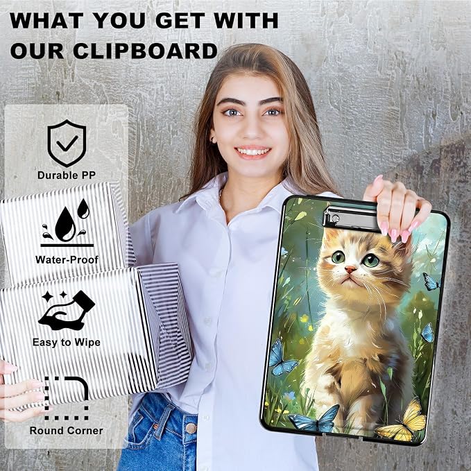Heavy Duty Storage Clipboard, Slim Nursing Clipboard with Internal Pen Case, Portable File Organizer Case for A4 Letter Size Paper Office Medical Professionals, Lawn Cat Butterfly