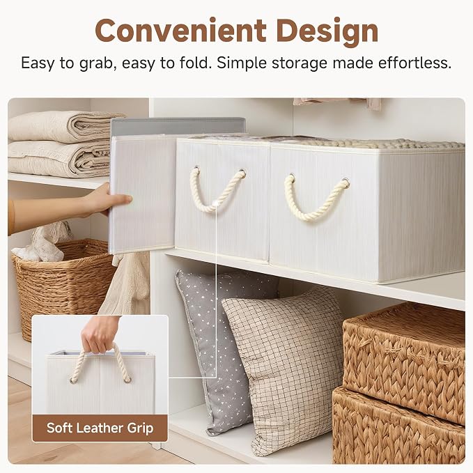 StorageWorks Fabric Storage Bins with Rope Handles, Beige, Extra Large | Collapsible Closet Storage Bins, Closet Organizer Bins for Clothes, Fabric Shelf Baskets and Storage