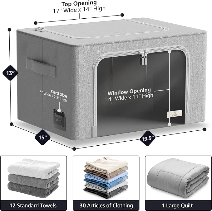 Sorbus Clothing Storage Bins with Clear Window, Metal Frame (2 Pack, Gray) | Oxford-fabric containers with carry handles stack neatly to organize bedding and linens in closets and laundry rooms.