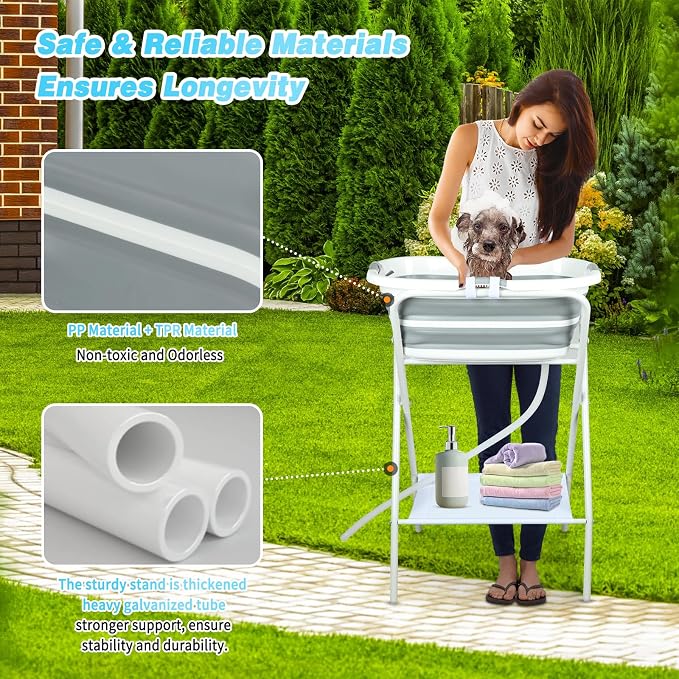 FHTONGE Elevated Dog Bathtub Grooming Station with Drain Adjustable Collar | 2 in 1 Collapsible Dogs Beautify Bathtub Portable Pet Washing Station, Pet Tub for Small Medium Dog Cat Shower Hairdressing