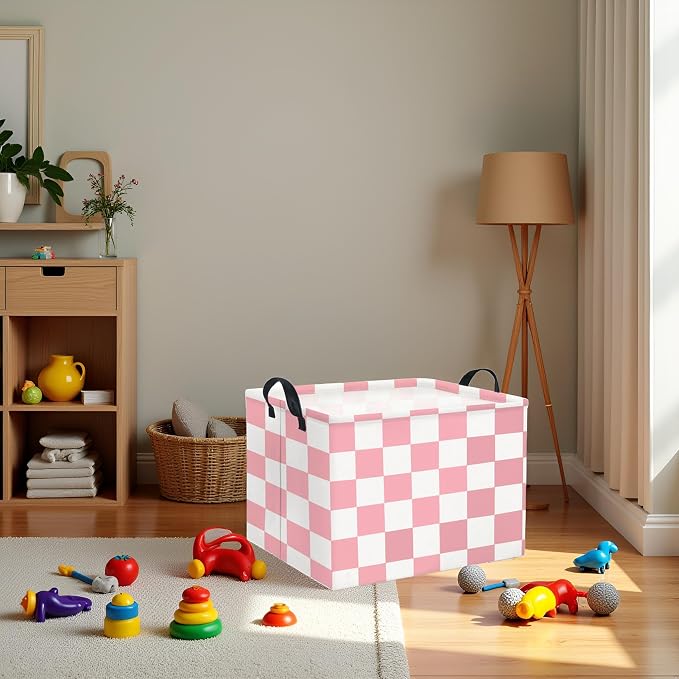 Rectangular Baby Girl Basket Fabric Storage Basket Storage Bin Organizer Box Room Decor(Pink Checkered)