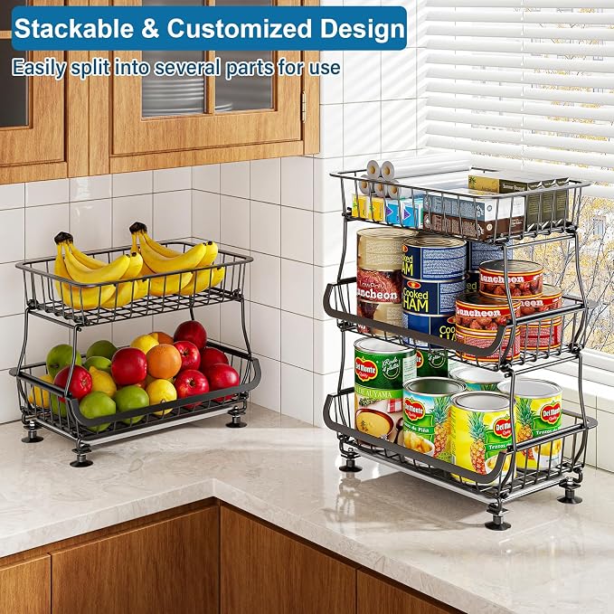 OKZEST 3-Tier Rolling Pantry Floor Organizers and Storage Cart with Wheels | Fits under pantry shelf, Stackable kitchen pantry baskets with dirt catch tray, Holds drink, snack, can, potato, onion, fruit