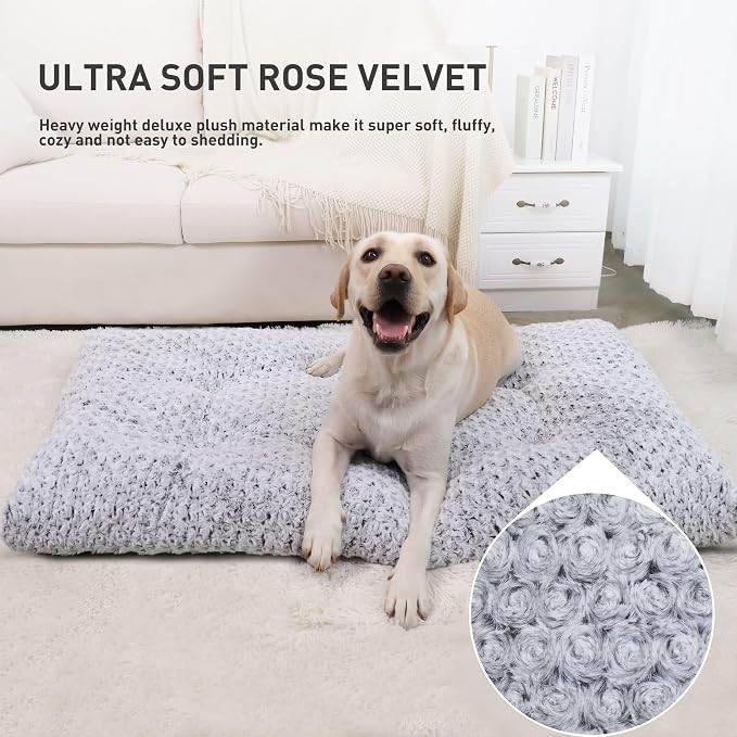KSIIA Washable Dog Beds Large Sized Dog Crate Bed Plush Mat 44"x32" Gray | Deluxe Plush Comfy Kennel Pad, Anti-Slip Bottom,Deep Sleeping Mat for Large Dogs,Machine Washable for Easy Cleaning