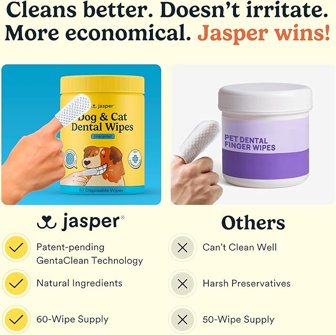 Jasper Dog Dental Wipes, Vet-Recommended All-Natural Finger Toothbrush Wipes for Dogs, Fresh Breath & Tartar Control in Seconds – No Brush and Toothpaste Needed, Unscented, 60 Count