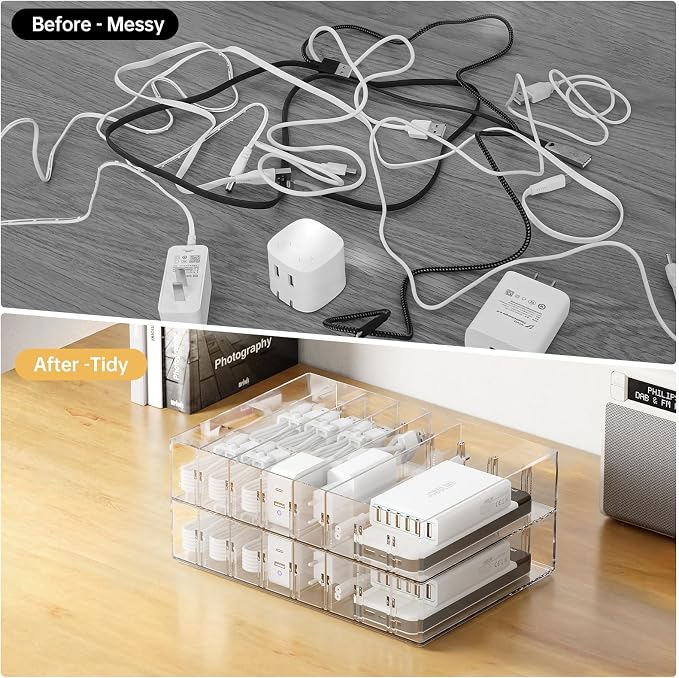 FRETONBA 2 Pcs Clear Cable Charger Organizer Box, Large | Adjustable Compartments, Stackable to Save Space, 14 Wire Ties, Easy Access, Fits Drawer, Desk & Office