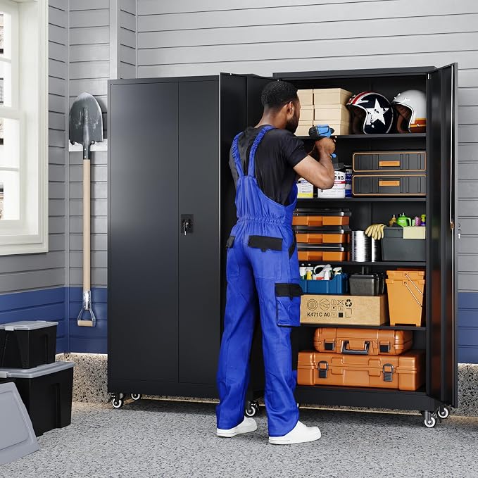 Metal Garage Storage Cabinet with Locking Doors and Adjustable Shelves,- 75" Rolling Steel Tool Cabinet for Home Office,Garage,Warehouse (Pack of 2)