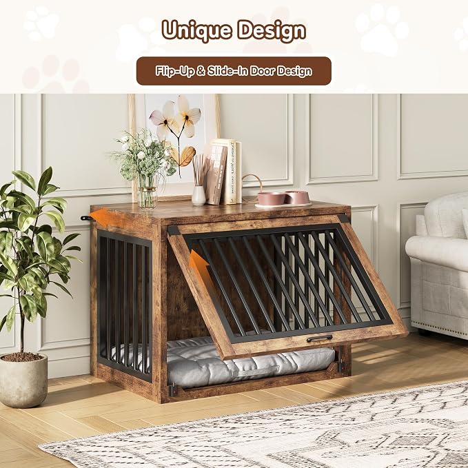 35" Wooden Dog Crate Furniture for Dogs up to 50 lbs, Medium Dog Kennel with Concealed Sliding Door, Heavy Duty Indoor Dog Cage with Safety Latch and Quiet Pads, Rustic Brown