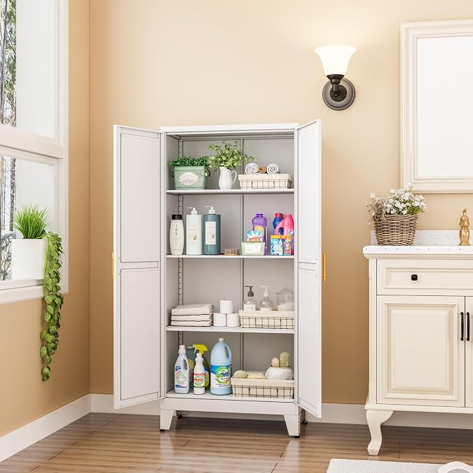 GAIOUS Metal Pantry Cabinet, Kitchen Pantry Storage Cabinets with 2 Door | and 3 Adjustable Shelves, White Kitchen Pantry Cabinet, Freestanding Cupboard for Dining Room Living Room Bathroom