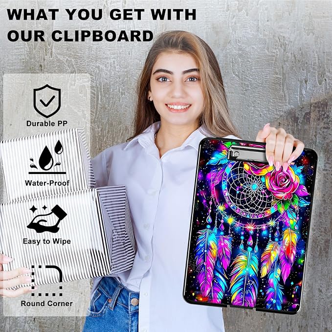 Artistic Dreamcatcher A4 Clipboard with Storage Pen Holder, Clipboards Organizer Nursing Clipboard Foldable File Folder Plastic Clipboard Folio Clip Board for Office Students Classroom