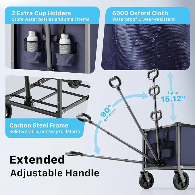 29.3" Collapsible Wagon Cart, 150L Heavy Duty Folding Utility Wagon with Wheels, 260 lbs Load, Portable Rolling Cart for Garden, Shopping, Sports, Camping, DarkBlue