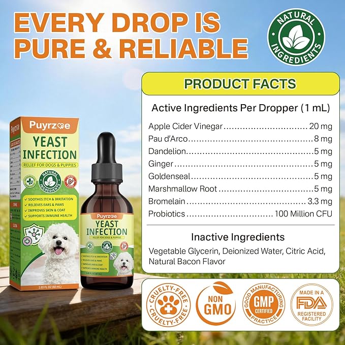 puyrzoe Natural Yeast Infection Treatment for Dogs, Itchy Ears, Skin, Paws & Allergy Relief, Yeast Treatment for Dogs, Supports Gut & Immune Health, Reduces Itching, Irritation & Inflammation, 60ml