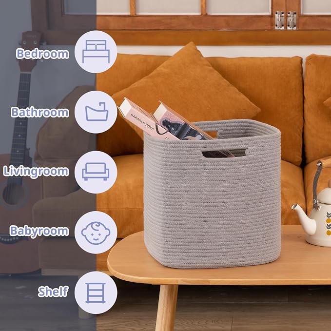 OIAHOMY 2 PACK Cube Storage Bin 13 Inch Collapsible Storage Cube Grey | Cube Storage Organizer Storage Bins for Shelves Baskets for Organizing Woven Rope Storage Baskets