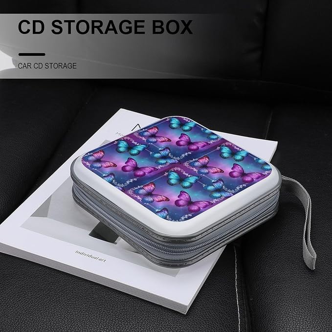 40-Disc Hard Shell Storage Wallet Purple Butterfly, DVD CD Binder with Carry Strap, Portable Protective Organizer for Travel Office
