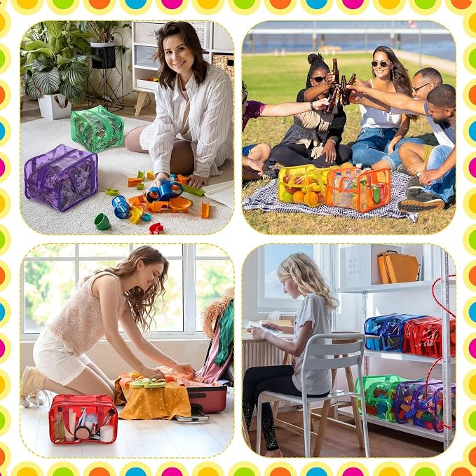Shinylin 12 Pack Colorful Large Toy Storage Bags with Zipper 9.8 x 5.9 x 7.1 Inch Reusable Waterproof PVC Board Game Storage Bags with Labels for Puzzles Building Blocks Book Stationery