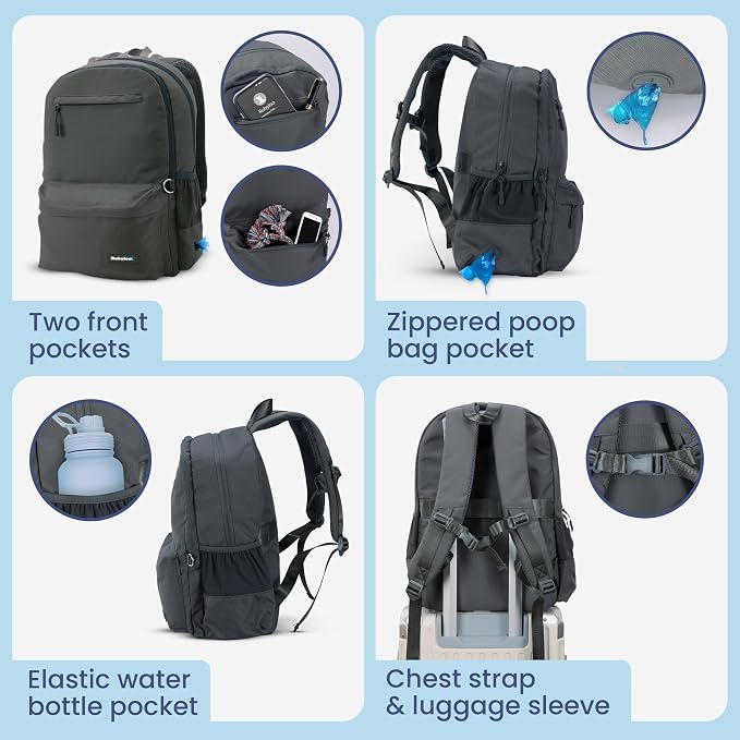Dog Travel Backpack for Supplies - Dog Diaper Bag with Travel Bowls | 2 BPA-Free Bowls; Food Container & Treat Pouch; Placemat; Laptop Sleeve; Poop Bag Dispenser, Hiking, Camping & Road Trips,