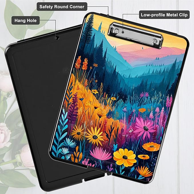 Heavy Duty Storage Clipboard, Slim Nursing Clipboard with Internal Pen Case, Portable File Organizer Case for A4 Letter Size Paper Office Medical Professionals, Mountain Wildflowers