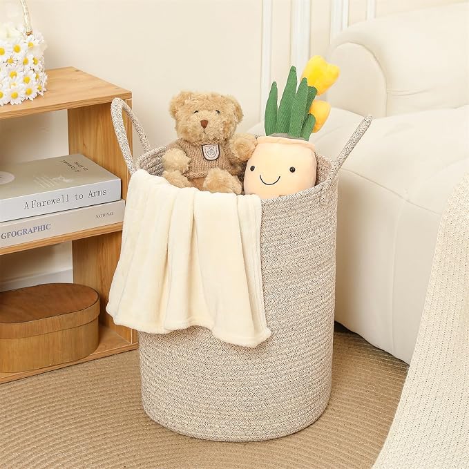 60L Large Woven Laundry Basket Hamper, 100% Natural Cotton Rope, Handwoven & Durable, Storage for Blankets, Toys, Clothes, Decorative Nursery Hamper for Living Room, Baby Room, Bedroom (Brown)