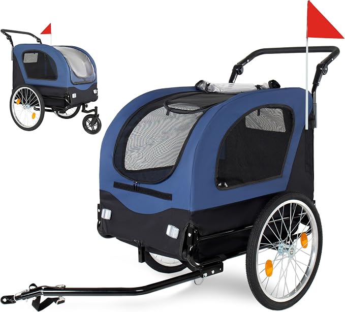 2-in-1 Bike Trailer & Pet Stroller for Dogs up to 110lbs– Foldable Pet Carrier Cart with Front Caster & 20'' Quick Release Air-Filled Wheels, Breathable Mesh and PVC Rain Cover, Dark Blue