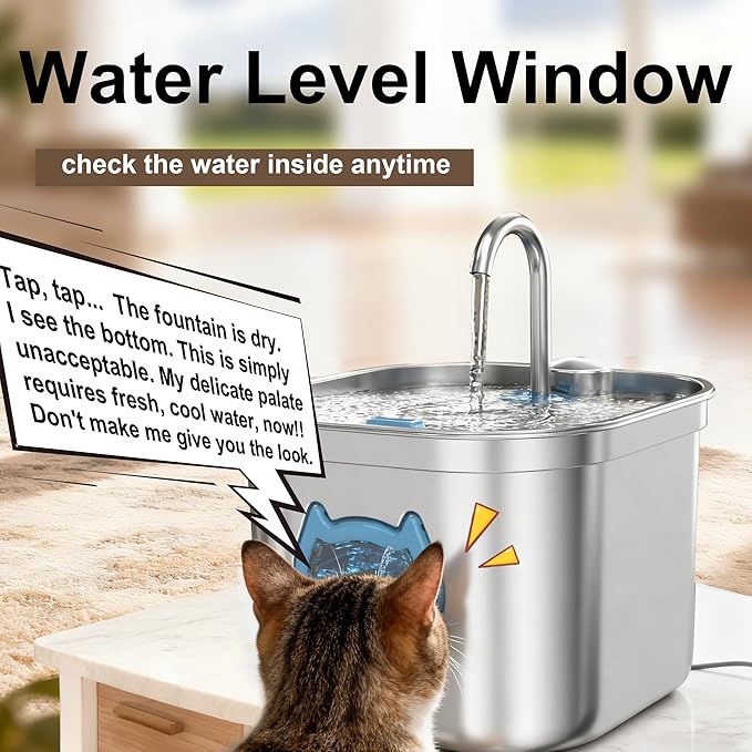 Homtyler Luxury Automatic Cat Water Fountain for Pets, 2.2L/74oz Stainless Steel Dog Water Dispenser with Filter, BPA Free & Silent, Featuring LED Light, Easy Clean & Cat View Window