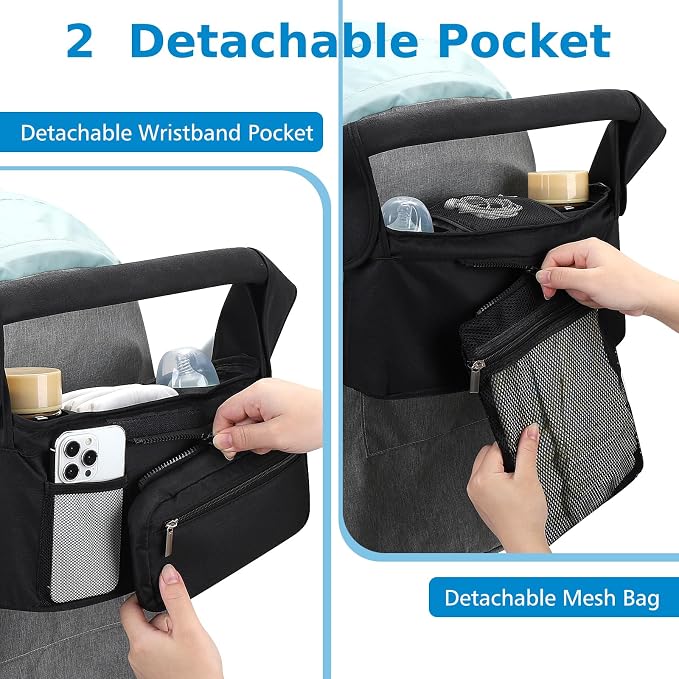 Accmor Universal Stroller Organizer with Insulated Cup Holder Detachable Phone Bag and Shoulder Strap,Stroller Bag Caddy Organizer for Uppababy, Baby Jogger, Britax Strollers