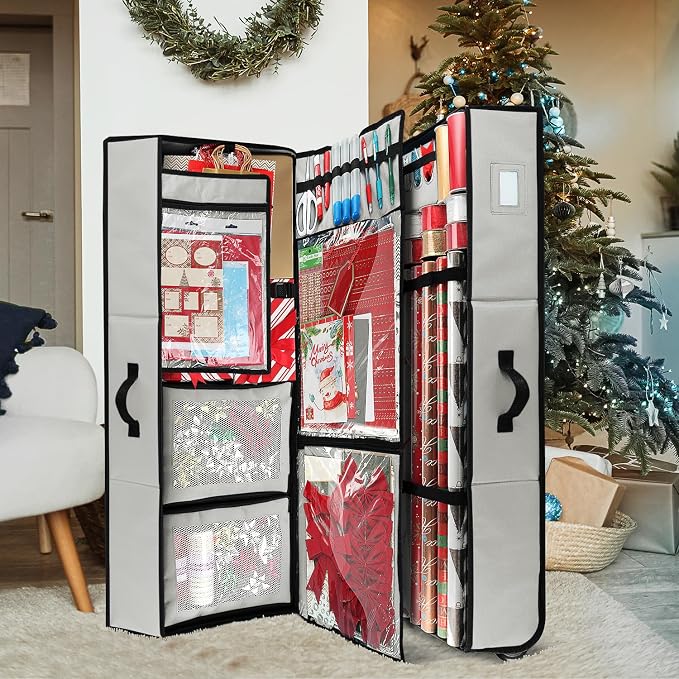 Hearth & Harbor Wrapping Paper Storage Container with Ribbon Dispenser and Interior Pockets - Large Christmas Storage Containers with Wheels, Fits 30 Rolls of 40" Length, Silver