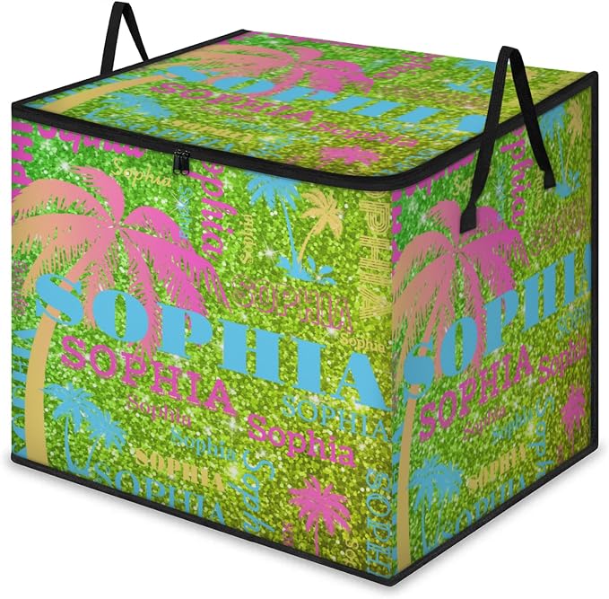 Personalized Name Foldable Storage Basket Cubes with Lid, Butterflies Dirty Clothes Pet Toys Storage Bin with Handles for Shelf Home Closet Kitchen, Colorful Palm Trees Bright Lime Green Glittering