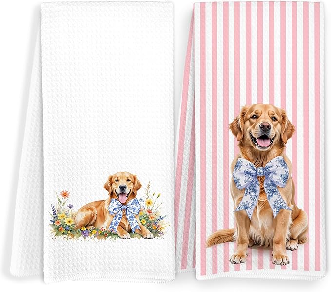 Golden Retriever Gifts Kitchen Towels, Pink and White Chinoiserie Bow Golden Retriever Dish Tea Towels, Grandmillennial Floral Dog Decorative Hand Towel for Bathroom, 16x24 Inch Set of 2