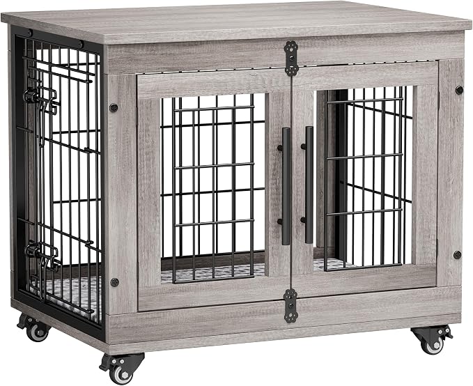 Small Dog Crate Furniture, 27.1'' Heavy Duty Kennel with Cushion & Wheels | Grey, Double Doors, Wooden Dog Cage, Chew-Resistant, End Table, Decorative, 27"/32"/38"/44" Options, Indoor
