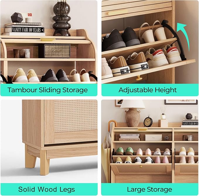 LINSY Shoe Storage Cabinet, Rattan Shoe Cabinet Wood Shoes Rack Cabinets with Sliding Tambour Door, Large Flip Drawer Shoe Cabinet Boho Hidden Shoe Storage for Entryway, Front Door, Hallway, Oak