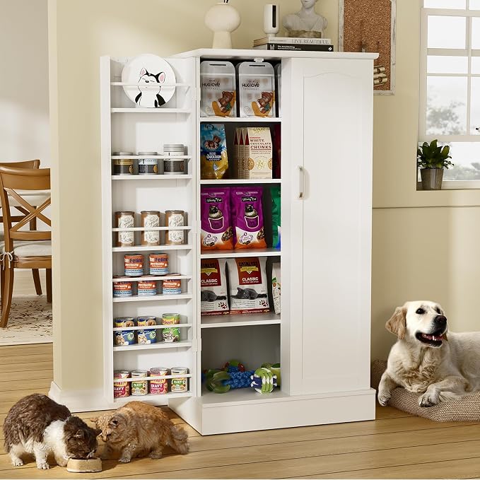Saudism 47" Dog Food Storage Cabinet with Doors and Adjustable Shelves, Freestanding Pet Storage Container Organizer for Living Room and Dinning Room, White