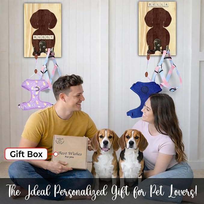 Beagle Dog Leash Holder Wall Mount with Scrabble Letters, Wooden Dog Wall Hook Organizer, Pet Collar and Harness Hanger for Entryway, Key Hook Gift for Pet Lovers, Home Decoration PF297-8