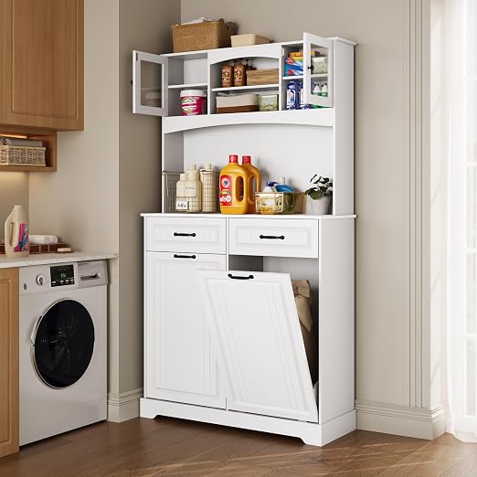 2 X 13 Gallons Double Tilt Out Trash Can Cabinet with Deodorizing Function and Power Outlet, 71" Tall Kitchen Pantry Storage Cabinet with 2 Drawers & Hutch, Freestanding Recycling for Kitchen, White