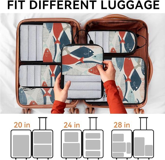 TropicalLife Cute Boho Fish 6 Set Compression Packing Cubes | Compressible Expandable Luggage Suitcase Organizer Bags Space Saver Bags for Carry on