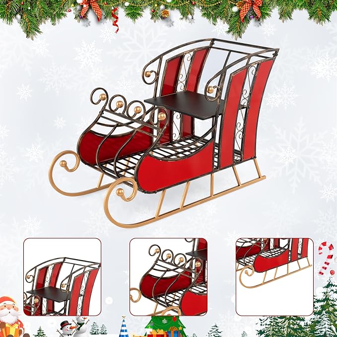 Metal Santa Sleigh, Christmas Santa Sleigh Basket w/ 2-Tier Storage Shelf Big Loading Area for Gifts, Reindeer Outdoor Decoration for Indoor Holiday Decor Lawn Yard Home Pets Trailer Party
