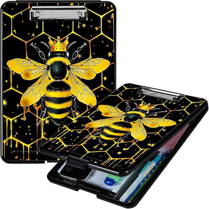 Bee Black Background A4 Clipboard with Storage Pen Holder, Clipboards Organizer Nursing Clipboard Foldable File Folder Plastic Clipboard Folio Clip Board for Office Students Classroom
