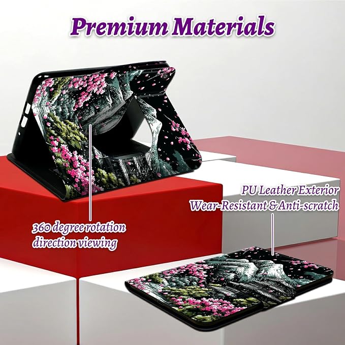 Rotating Handle Case for Samsung Galaxy Tab A8 10.5" 2022 (SM-X200/X205/X207), 360 Degree Swivel Kickstand with Magnetic Closure Shockproof Leather Cover for Men, Sakura Dark Mountain Range