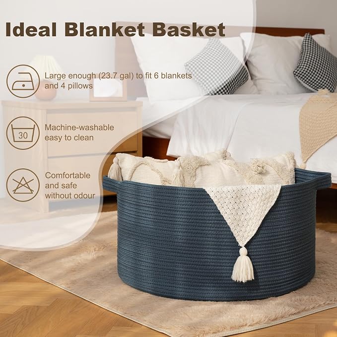 OIAHOMY 90L Extra Large Blanket Basket - Decorative Cotton Rope Storage Basket for Bedroom, Living Room & Nursery - Woven Laundry Hamper for Organizing Blankets, Clothes & Toys - Blue