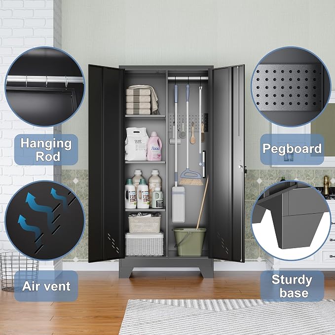 61" Metal Storage Cabinet with Lockable Doors, Cleaning Supply Cabinet with Pegboard and Hanging Rod. Garage Tool Storage Cabinets for Home, Laundry, Office, Home Kitchen Utility Cabinet