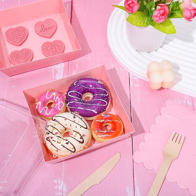 Whaline 50Pcs 4.7 x 4.3 Inch Valentine's Day Small Charcuterie Boxes with Clear Lids Pink Mini Dessert Boxes with Forks and Knives Disposable Food Containers for Sandwich Cookie Sushi Cake Slice Fruit