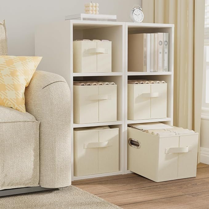 Collapsible Open Storage Baskets,15x9.8x9.8in,Beige,4 Pack | Storage Bins with Metal Handles,Rigid PP Panel Organizer Boxes for Organizing Home,Wipeable Garment Basket Cube for Wardrobe