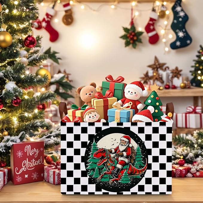 Empty Large Christmas Basket for Gifts Women Collapsible Storage Bin Kids Toy Box Holiday Décor (Checkered Dinosaur)