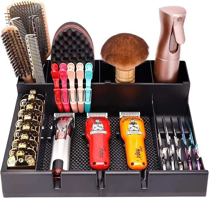 Barber Clipper Organizer Barber Tools Tray Salon Hairdressing Clipper Scissors Rack Holder Storag Scissors Holder Blade Rack Storage Tray for Clipper Guard Holder (Assemble)
