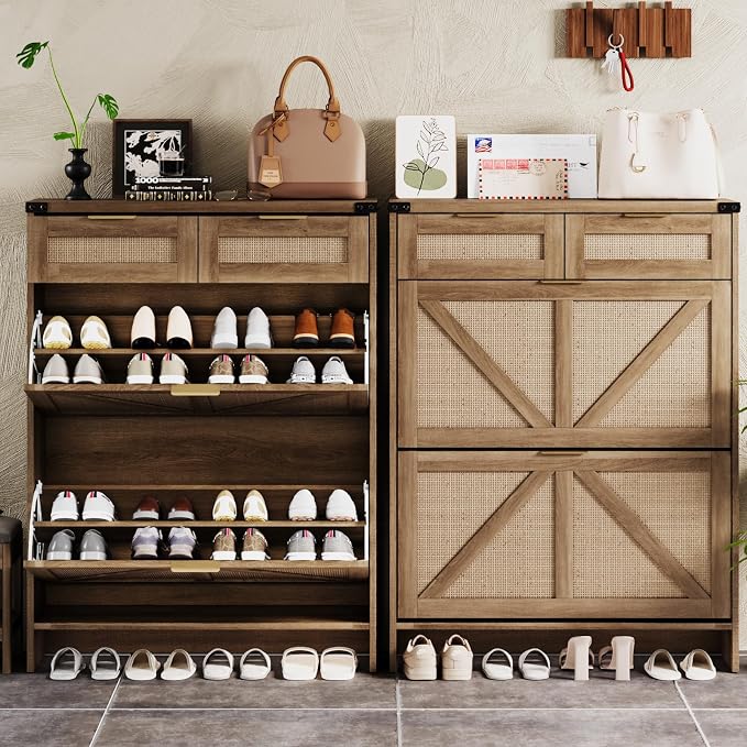 Halitaa Shoe Cabinet with 2 Flip Drawers & 2 Drawers,Farmhouse Shoe Storage Cabinet for Entryway,Slim Freestanding Narrow Organizer Rack for Front Door Entrance,Rustic Oak Rattan